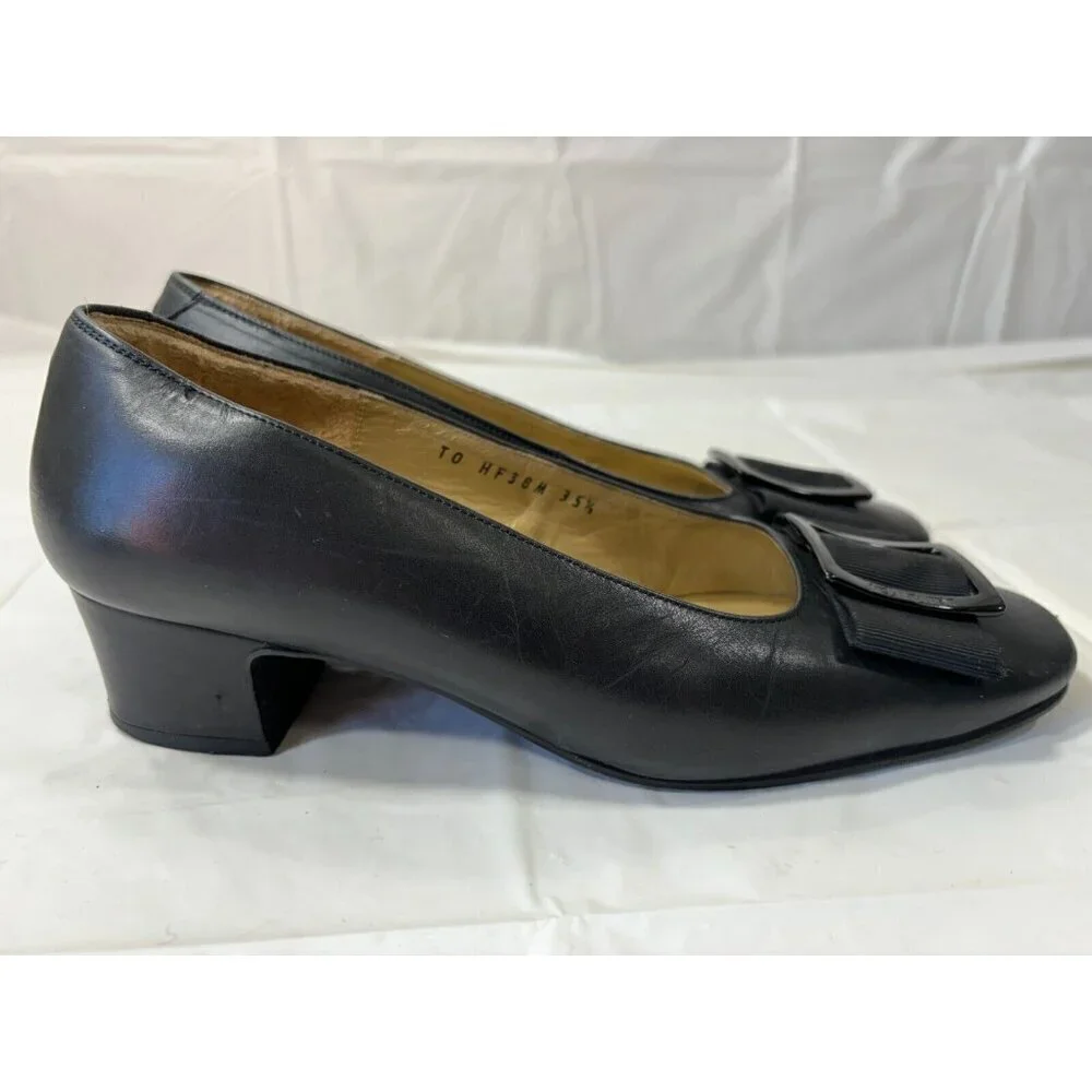 Yves Saint Laurent Black square bow Leather loafer Heels Buckle Size 5.5